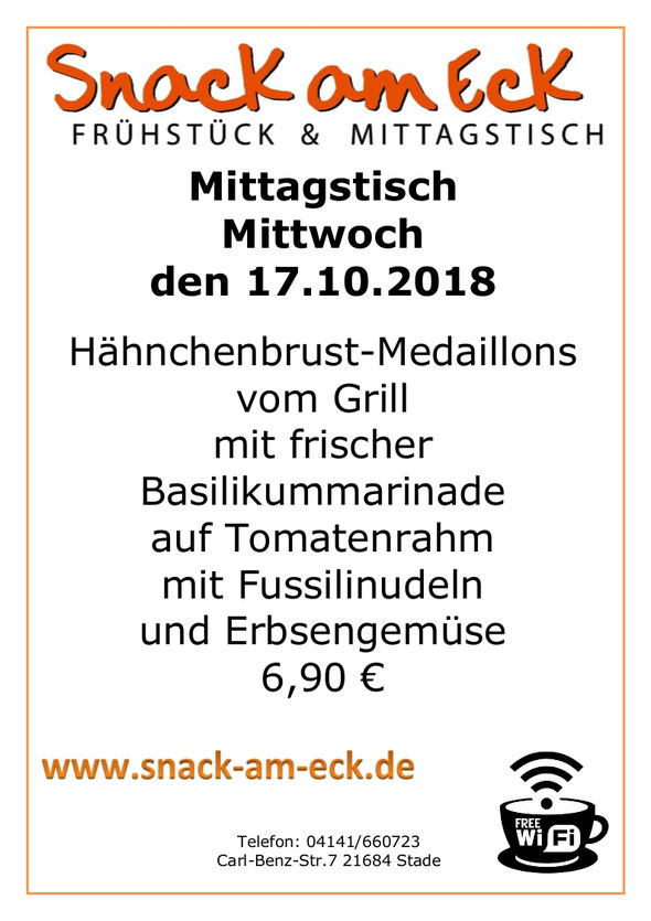 Mittagtisch am Mittwoch den 16.10.2018: Hähnchenbrust-Medaillons vom Grill mit Frischer Basilikummarinade auf Tomatenrahm mit Fussilinudeln und Erbsengemüse. 6,90 €