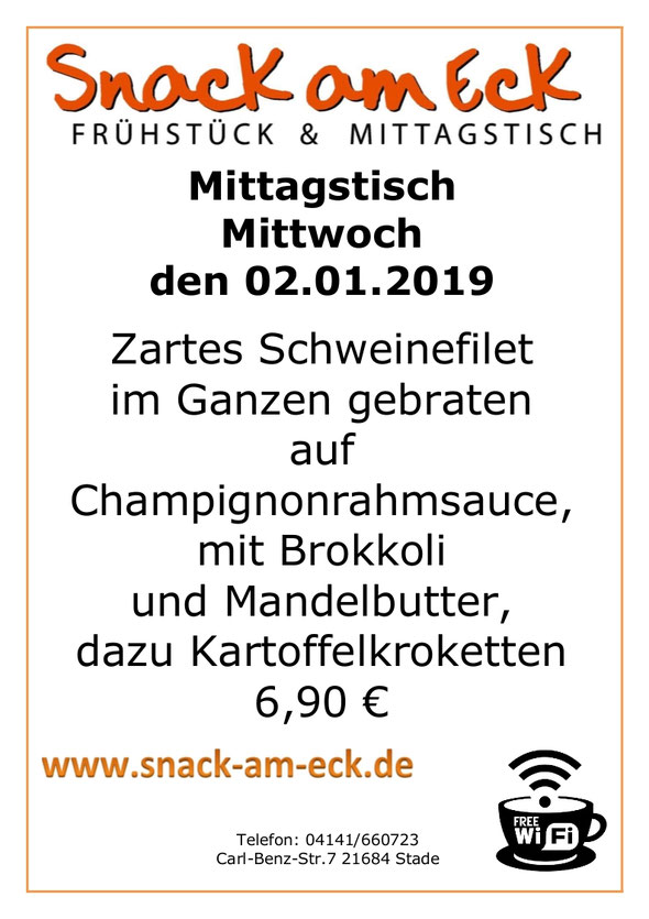 Mittagstisch am Mittwoch den 02.01.2019: Schweinefilet Pilzrahmsauce Brokkolie Kroketten