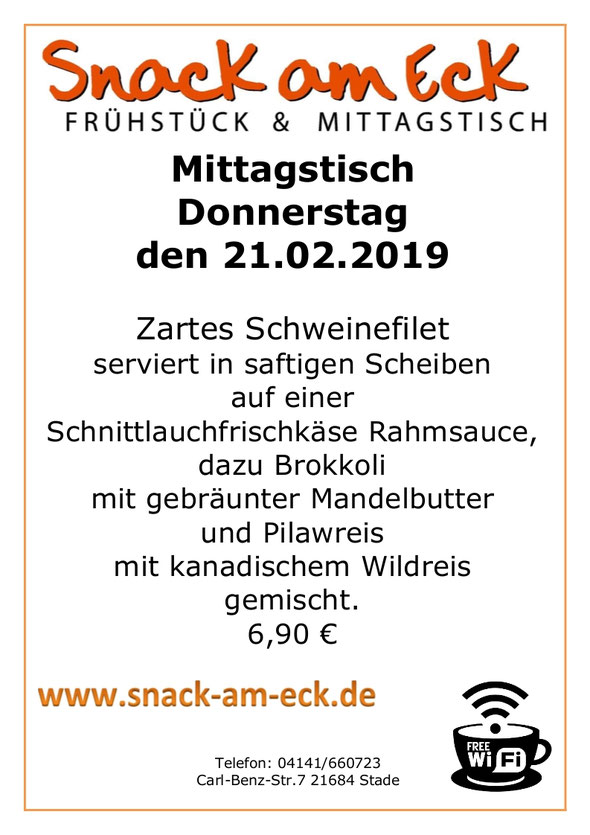 Mittagstisch am Donnerstag den21.02.2019: Zartes Schweinefilet serviert in saftigen Scheiben auf einer Schnittlauchfrischkäse Rahmsauce, dazu Brokkoli mit gebräunter Mandelbutter und Pilawreis mit kanadischen Wildreis gemischt. 6,90 €