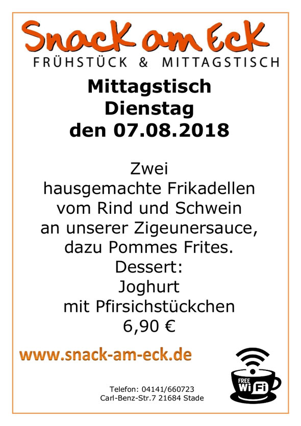 Mittagstisch am Dienstag den 07.08.2018: Zwei hausgemachte Frikadellen vom Rind und Schwein an unserer Zigeunersauce, dazu  Pommes Frites. Dessert: Joghurt mit Pfirsichstückchen 6,90 €