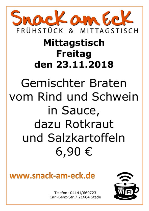 Mittagstisch am Freitag den 23.11.2018: Gemischter Braten vom Rind und Schwein in Sauce, dazu Rotkraut und Salzkartoffeln 6,90 €