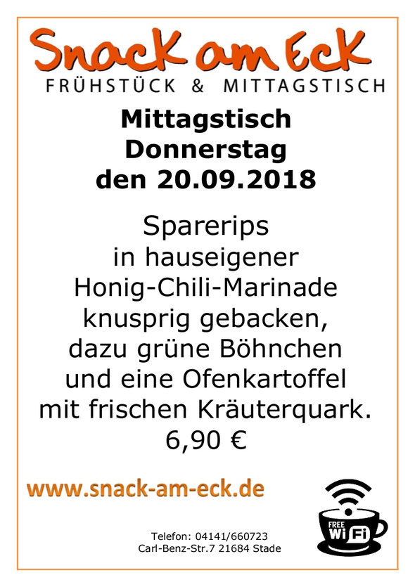 Mittagstisch am Donnerstag den 20.09.2018: Frische Sparerips in hauseigener Honig Chili Marinade knusprig gebacken, dazu grüne Böhnchen und eine Ofenkartoffel mit frischen Kräuterquark. 6,90 €