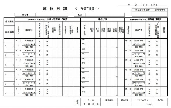 運転日誌に酒気帯び確認を記録