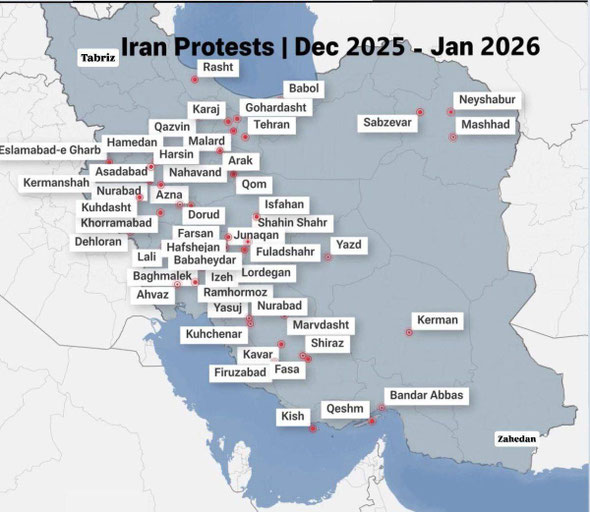 Bekannte Orte der Proteste im iIan -03.01.2025