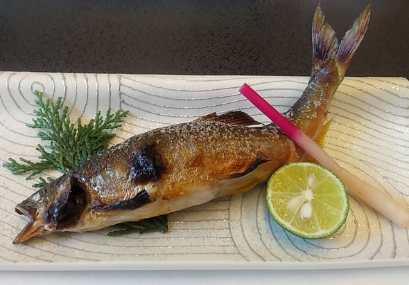 鮎の料理屋で出された塩焼の落鮎の尾は綺麗に跳ね上がっていました。　　　・塩焼の落鮎の尾の跳ね上がり(和良)