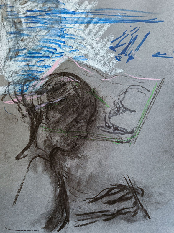 Portrait of the artist Stefanie Hofer drawing the Elbe Sandstone Mountains | 2025 | 42 x 29,7 cm | drawing on colour paper