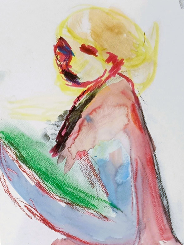 Girl with green palette and blue eye | 2024 | 32 x 24 cm | drawing on watercolour paper