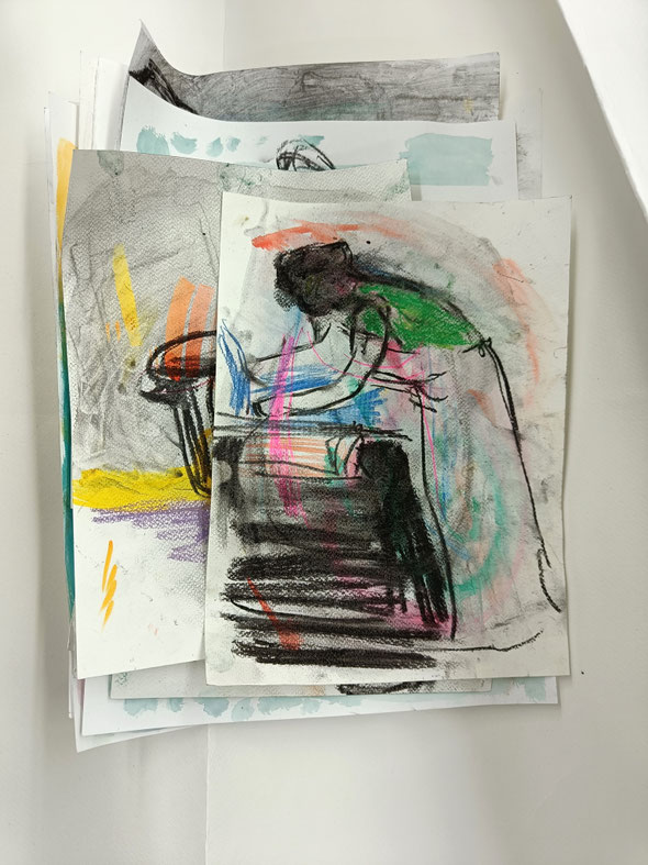 THE PAPERMAKER. 2025, 32 x 24 cm, charcoal, pastel, watercolor, crayon on watercolor paper, series of 5
