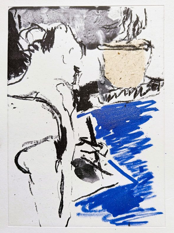 LITHOGRAPHIC STONE, FLOWER POT & PRINTMAKER WITH DRYPOINT NEEDLE | 2026 | algraphy, chine collé and ink drawing | proof print on St Cuthberts Mill Somerset Satin printmaking paper