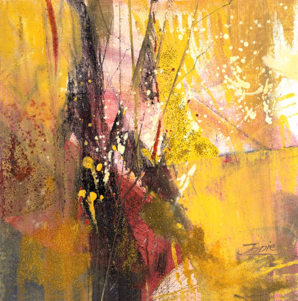 Kleines abstraktes Wandbild, Titel: Indian Summer, Abstrakte Malerei von Jopie, Quadratisches Format 30 x 30 cm Farbe Gelb