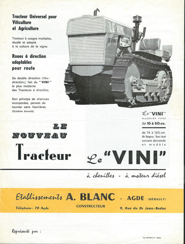 Feuillet publicitaire des années 60 pour le tracteur Le Vini produit par les "Etablissements Antoine Blanc" à Agde (34). 
