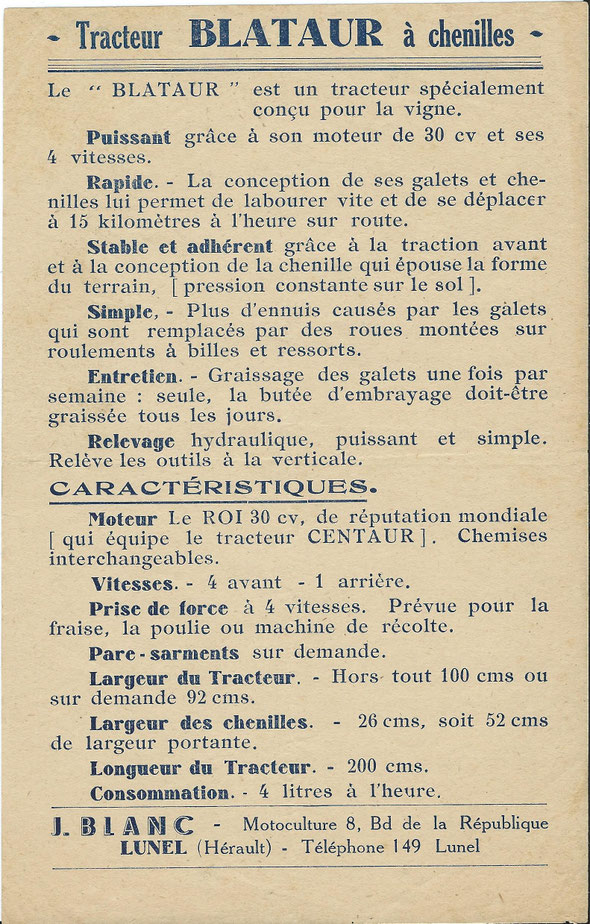 Rare Feuillet publicitaire des années 40-50 pour le tracteur "Blataur" distribué par la Société J. Blanc Motoculture à Lunel (34).
