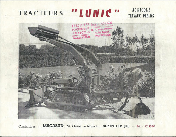 Feuillet publicitaire des années 60 pour le tracteur Lunic première version produit par la société "Mecasud" à Montpellier. Bien que produit pour la marque Staub, ce document ne fait référence qu'au constructeur et distributeur.  