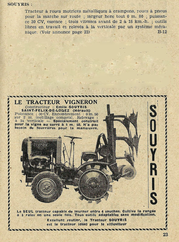 Publicité Souyris sur le livret "Journées de Motoviticulture" 17 et 18 octobre 1950