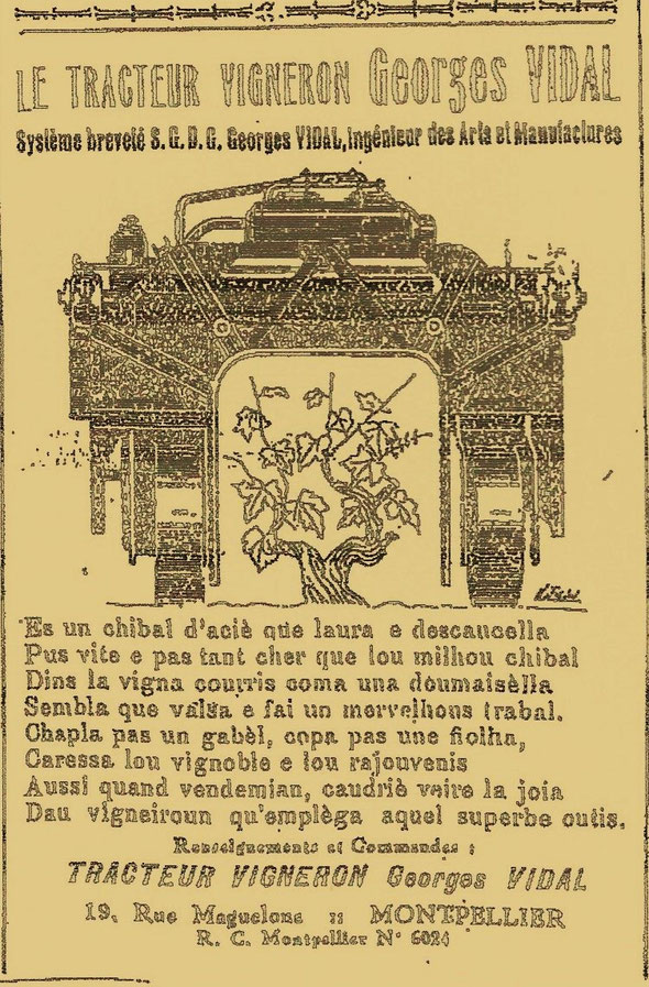Publicité en occitan extraite d'un petit journal héraultais " La Campana de Magalouna" donnée par Mr Vidal ! 