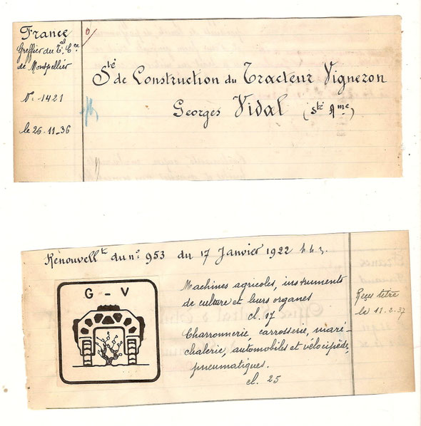 Rare document issu d'un registre de dèpot de marques. Renouvellement en 1936 de la marque déposée le 17 janvier 1922. Une vignette représentant le célèbre tracteur , collée sur le papier ... 2 fragments du registre , page de gauche et page de droite.