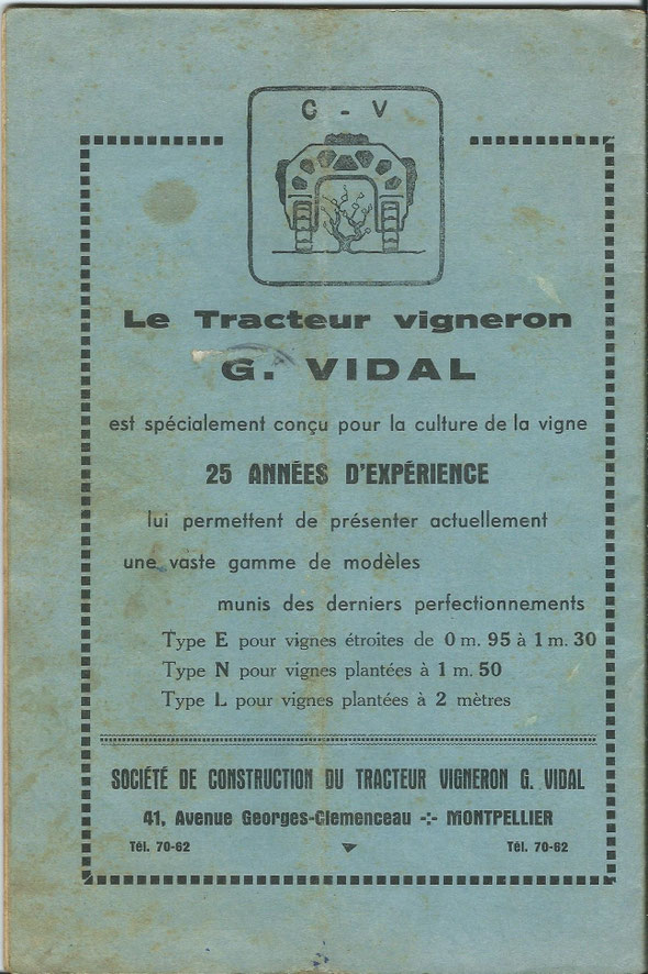 Publicité sur un livret "Le tracteur vigneron" daté de 1947 offert par notre ami Lilian 