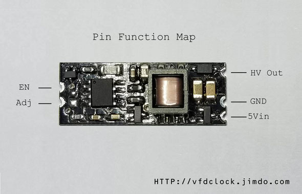 Pin function map for HV5W-E DC-DC module for NIXIE clock