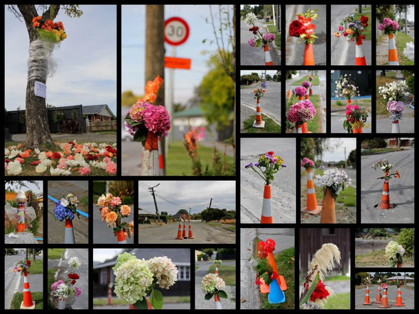 2012.2.22 クライストチャーチで行われたロードコーン献花 Road Cone Flower Memorials in Christchurch, February 22, 2012