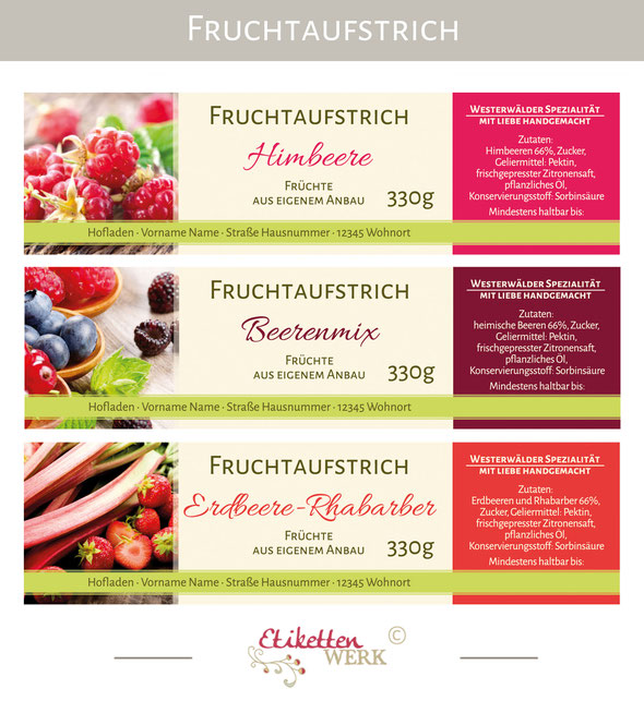 Fruchtaufstrichetiketten, Etiketten, Marmelade, Konfitüre, Fruchtaufstrich, Gelee, Aufkleber