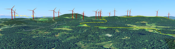 Blick vom Aichelberg Richtung Sandl. Die Fotomontage der Bürgerinitiative zeigt die Positionen der Windkraftanlagen, die gelbe Linie markiert die Grenze zwischen Österreich und Tschechien.