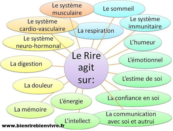 Le rire agit sur : la respiration, le système neuro-hormonal, le système immunitaire, le sommeil, l'hhumeur, l'émotionnel, la confiance en soi, l'estime de soi, l'énergie, la mémoire, l'intellect, la communication avec soi et autrui, le système musculaire