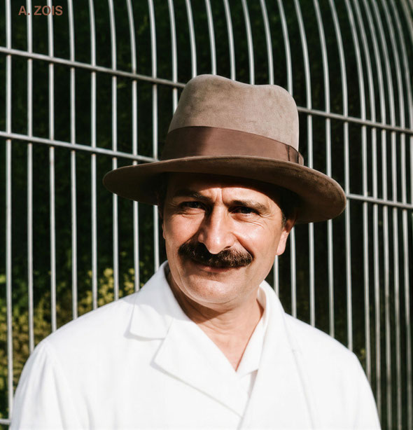 1932 April : Meher Baba at the London Zoo,(trimmed image) London, England. Image rendition by Anthony Zois.