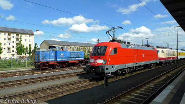V 65-12 SVG ex. Tegernseebahn TAG und 182 506-6 mit 103 222-6 von DB-Systemtechnik mit Messzug in Bamberg (12.5. 2014)