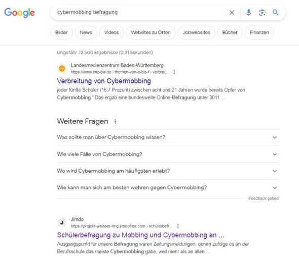 Sensationell! Unsere Schülerbefragung zu Cybermobbing ist trotz aller Studien und Zeitungsartikel auch nach mehr als 10 Jahren bei Google noch immer auf Seite 1!!! (Screenshot 05.02.2024)