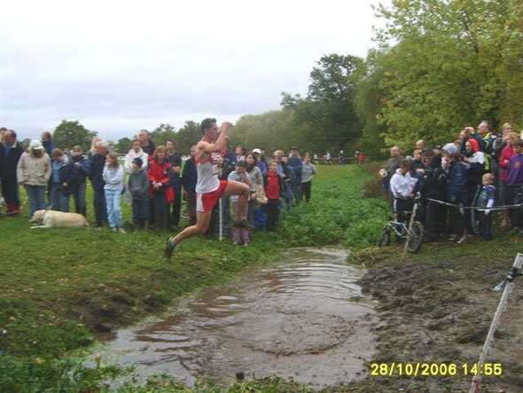 Ian Summers ("Lofty") vaulting the stream at Senneleys Park