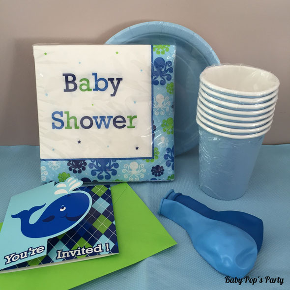 kit baby shower à gagner 8 personnes baleine bleu rose baleno