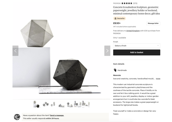 The concrete icosahedron sculpture by PASiNGA is Etsy bestseller listed!