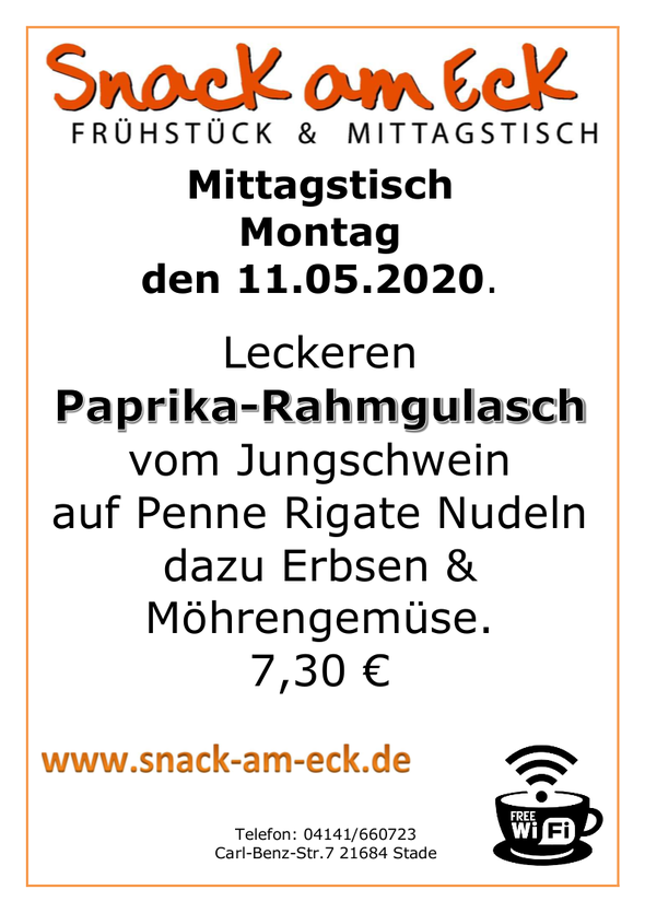 Mittagstisch am Montag den 11.05.2020: Leckeren Paprika-Rahmgulasch vom Jungschwein auf Penne Rigate Nudeln dazu Erbsen & Möhrengemüse. 7,30 €
