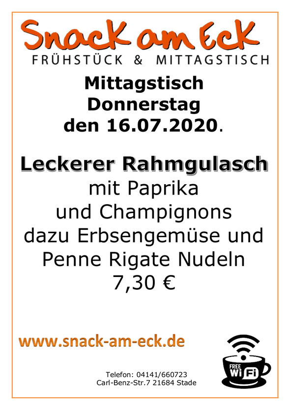 Mittagstisch am Donnerstag den 16.07.2020: Leckerer Rahmgulasch mit Paprika und Champignons dazu Erbsengemüse und Penne Rigate Nudeln 7,30 €