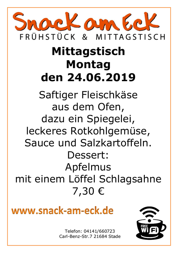 Mittagstisch am Montag den 24.06.2019: Saftiger Fleischkäse aus dem Ofen, dazu ein Spiegelei, leckeres Rotkohlgemüse, Sauce und Salzkartoffeln. Dessert: Apfelmus mit einem Löffel Schlagsahne 7,30 €