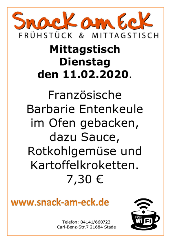 Mittagstisch am Dienstag den 11.02.2020: Französische Barbarie Entenkeule im Ofen gebacken, dazu Sauce, Rotkohlgemüse und Karoffelkroketten. 7,30 €