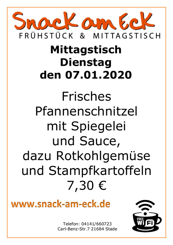 Mittagstisch am Dienstag den 07.01.2019: Frisches Pfannenschnitzel mit Spiegelei und Sauce, dazu Rotkohlgemüse und Stampfkartoffeln 7,30 €