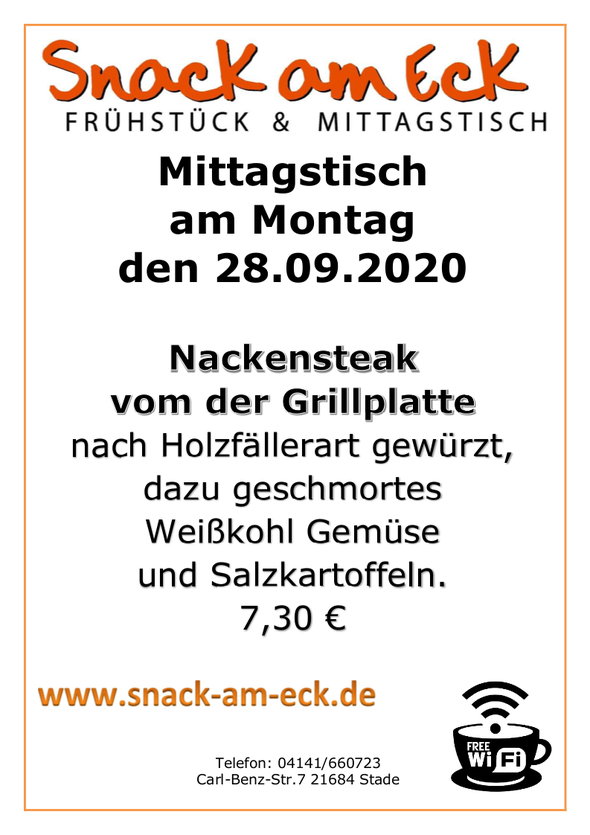 Mittagstisch am Montag den 28.09.2020: Nackensteak vom der Grillplatte nach Holzfällerart gewürzt, dazu geschmortes Weißkohl Gemüse und Salzkartoffeln. 7,30 €