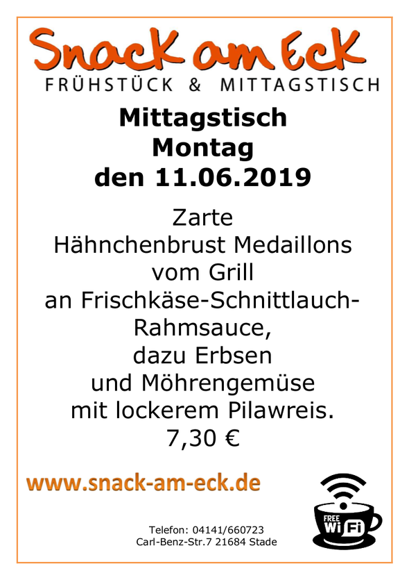 Mittagstisch am Montag den 11.06.2019: Zarte Hähnchenbrust Medaillons vom Grill an Frischkäse-Schnittlauch-Rahmsauce, dazu Erbsen und Möhrengemüse und lockeren Pilawreis. 7,30 €