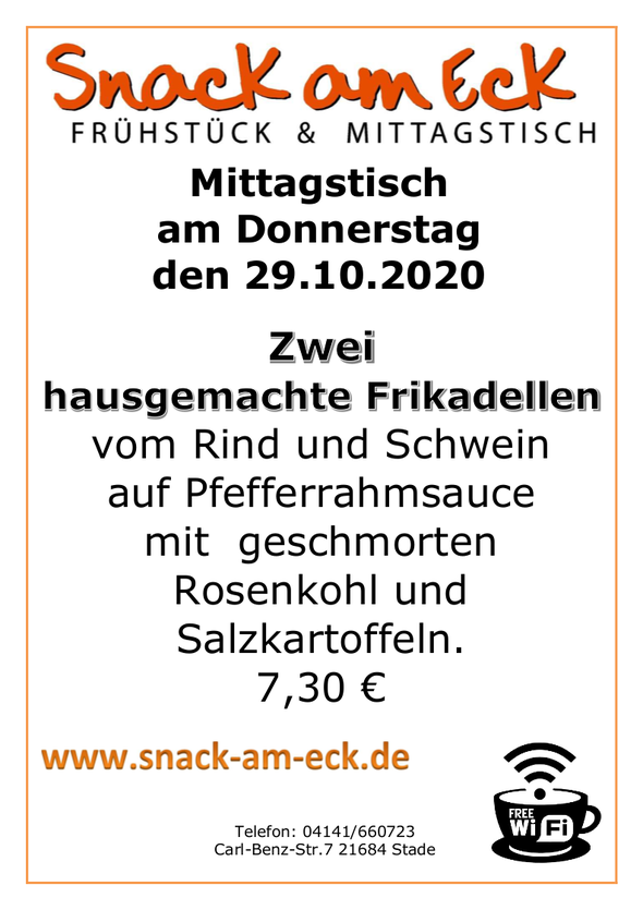 Mittagstisch am Donnerstag den 29.10.2020: Zwei hausgemachte  Frikadellen vom Rind und Schwein auf Pfefferrahmsauce mit  geschmorten Rosenkohl und Salzkartoffeln 👨‍🍳 7,30 €