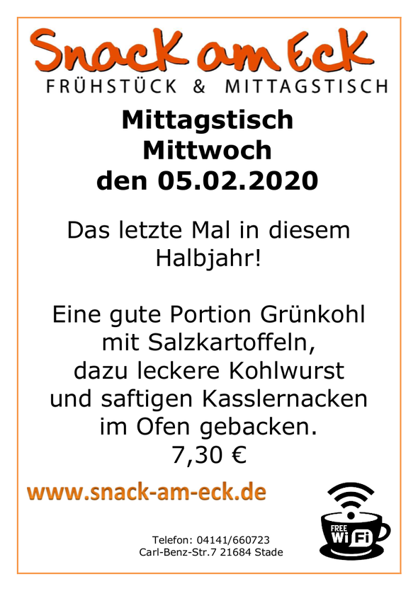 Mittagstisch am Mittwoch den 05.02.2020: Das letzte mal in diesem Halbjahr! Eine gute Portion Grünkohl mit Salzkartoffeln, dazu leckere Kohlwurst und saftigen Kasslernacken im Ofen gebacken. 7,30 €
