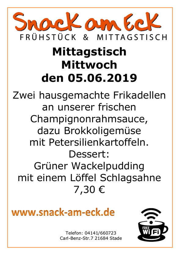 Mittagstisch am Mittwoch den 05.06.2019: Zwei hausgemachte Frikadellen an unserer frischen Champignonrahmsauce, dazu Brokkoligemüse mit Petersilienkartoffeln. Dessert Grüner Wackelpudding mit einem Löffel Schlagsahne 6,90 €