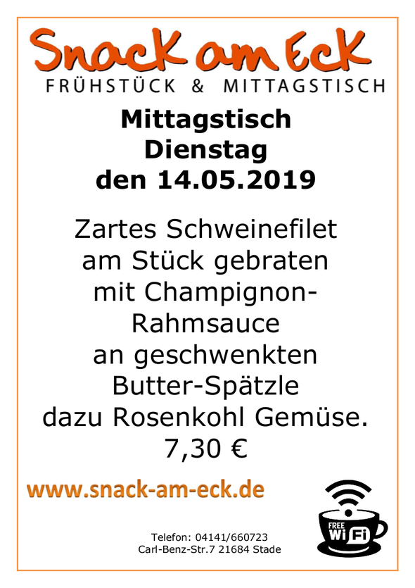 Mittagstisch am 14.05.2019: Zartes Schweinefilet am Stück gebraten mit Champignon-Rahmsauce an geschwenkten Butter-Spätzle dazu Rosenkohl Gemüse. 6,90 €