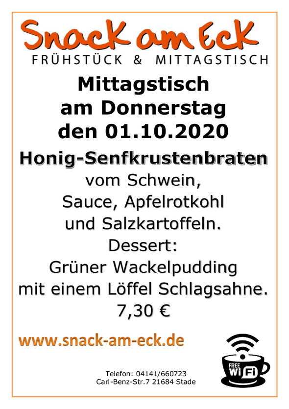 Mittagstisch am Donnerstag den 01.10.2020: Honig-Senfkrustenbraten vom Schwein, Sauce, Apfelrotkohl und Salzkartoffeln. Dessert. Grüner Wackelpudding mit einem Löffel Schlagsahne. 7,30 €