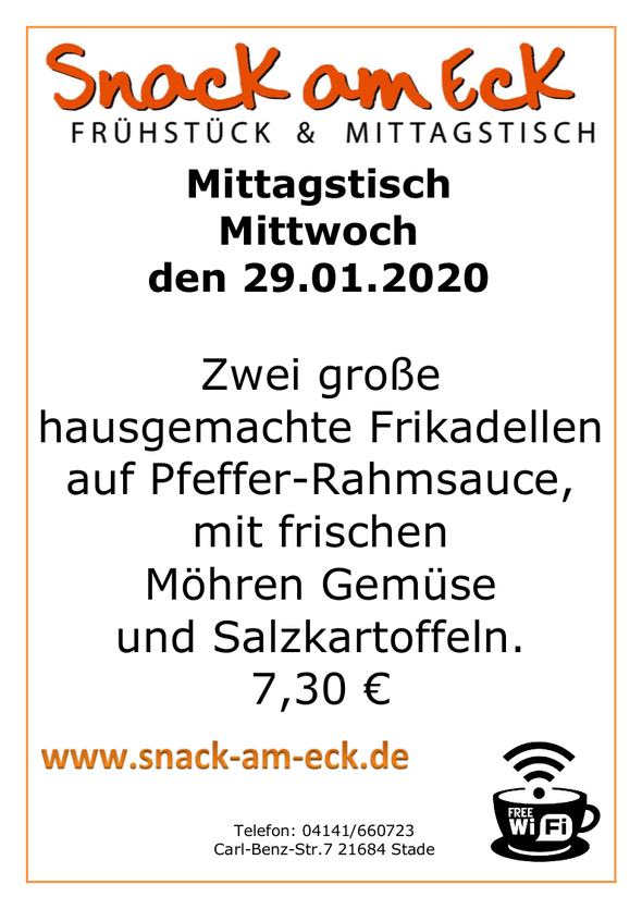 Mittagstisch am Mittwoch den 29.01.2020:Zwei große hausgemachte Frikadellen auf Pfeffer-Rahmsauce, mit frischen Möhren Gemüse und Salzkartoffeln.  7,30 €