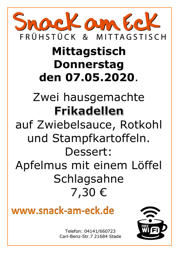 Mittagstisch am Donnerstag den 07.05.2020: Zwei hausgemachte Frikadellen auf Zwiebelsauce, Rotkohl und Stampfkartoffeln. Dessert: Apfelmus mit einem Löffel, Schlagsahne 7,30 €