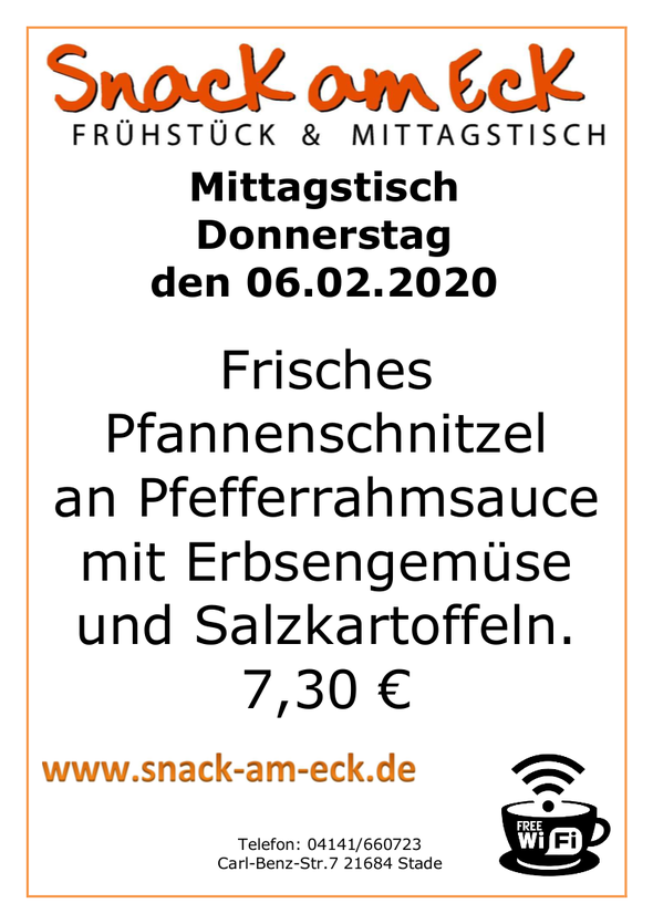 Mittagstisch am Donnerstag den 06.02.2020: Frisches Pfannenschnitzel an Pfefferrahmsauce mit Erbsengemüse und Salzkartoffeln. 7,30 €