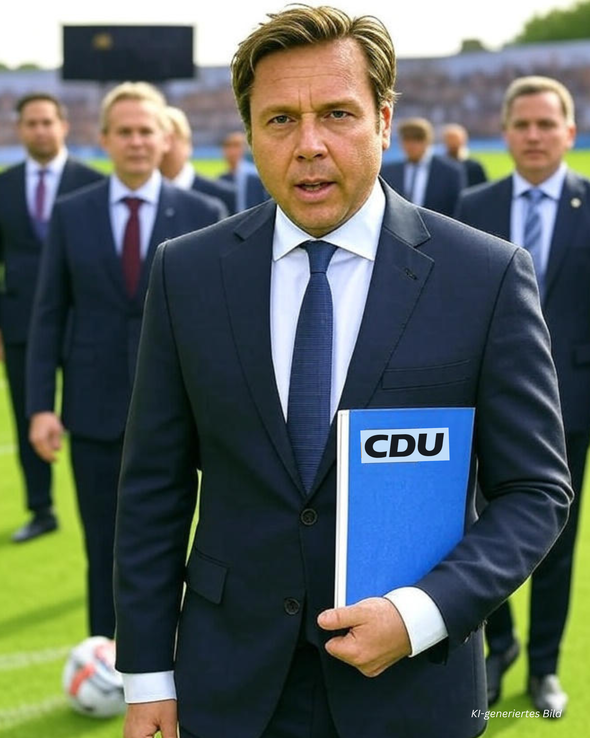 Sportvereine mit blauen Hemd, Anzug und mit CDU-Parteibuch GL (KI-erzeugtes Bild)
