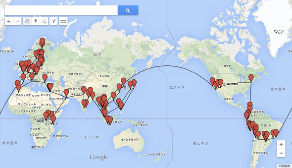 世界一周のルート。314日間で45カ国83都市を回りました。