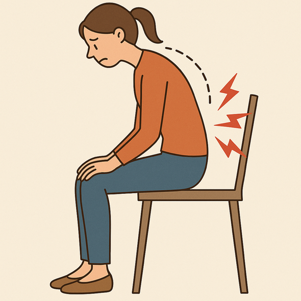 慢性腰痛・ぎっくり腰の原因になる、不良姿勢です。椅子に座る際には浅く座らずに、しっかり深く座ると腰への負担を減らすことができます